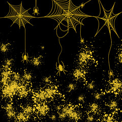Gold spiderweb on black background. Halloween design elements. Spooky Scary horror decor.