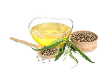 Hemp oil, fresh leaves and seeds on white background