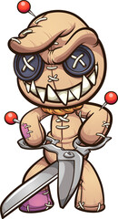 Evil voodoo doll with a big smile holding a pair of scissors. Vector clip art illustration with simple gradients. All on a single layer. 
