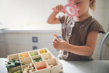 Montessori and Sensory Development, The child learns colors with a magnifying glass, sorts the...