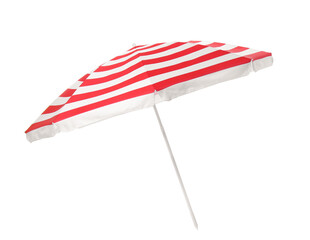 Open red striped beach umbrella isolated on white