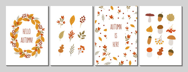 Fototapeta na wymiar Set of autumn cards. Vector design for card, flyer or poster with autumn leaves, berries and mushrooms