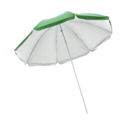 Open green beach umbrella isolated on white