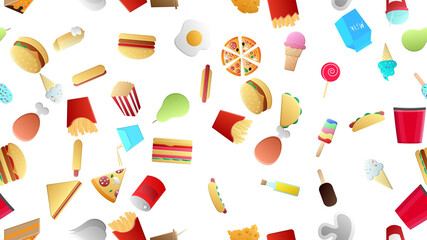 Endless white seamless pattern of delicious food and snack items icons set for restaurant bar cafe: fast food, cheat meat, burger, pizza, hot dog, sandwich, fruits, vegetables. The background