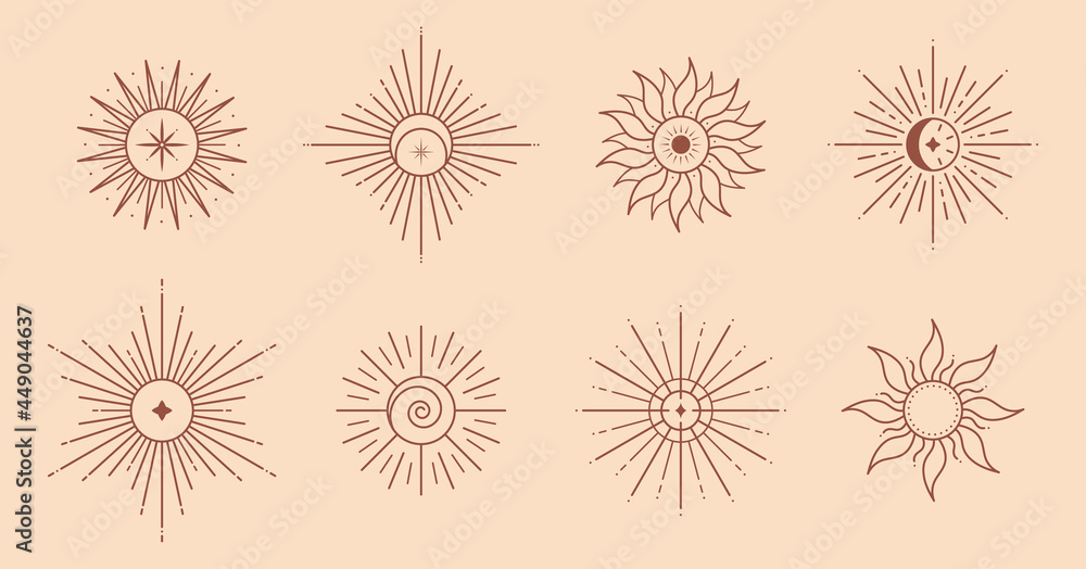 Wall mural bundle of vector bohemian logo design templates with sun,moon,star and sunburst.boho linear icons or