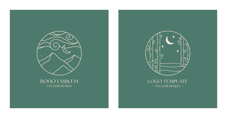 Vector linear boho emblems with abstract forest and mountains landscape.Travel logos with forest,night sky,crescent moon and stars.Modern hiking or camping labels in trendy minimal style.