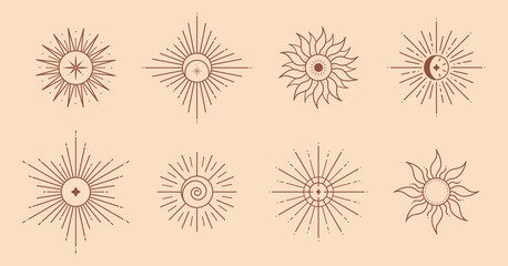 Bundle of vector bohemian logo design templates with sun,moon,star and sunburst.Boho linear icons or symbols in trendy minimalist style.Modern celestial emblems.Branding designs templates.