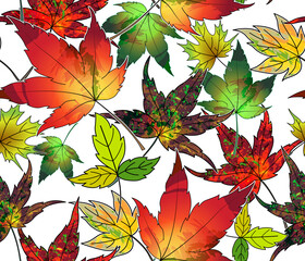 Bright leaves seamless pattern. Colored maple leaves in red, yellow and green colors, white background. Great for decorating fabrics, textiles, gift wrapping, printed matter, interiors, advertising.