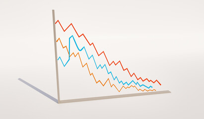 Declining line chart. There are three falling lines, symbolic for negative trend. There is place above and beneath to add text, for instance business use, statistics or education. 3D illustration.	