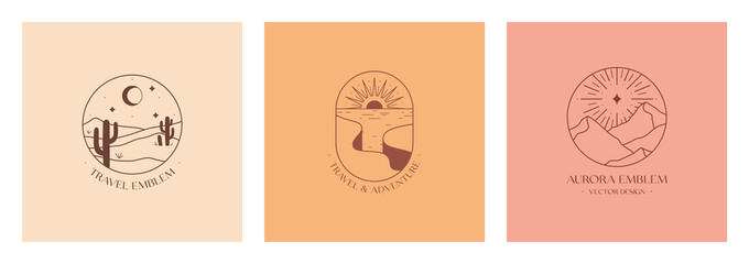 Vector linear boho emblems with rocky mountains, desert landscapes and mountain range.Travel logos with cliffed coast aurora,sea,sun,desert dunes cacti,moon,stars.Modern hiking or camping labels. © Xenia Artwork 