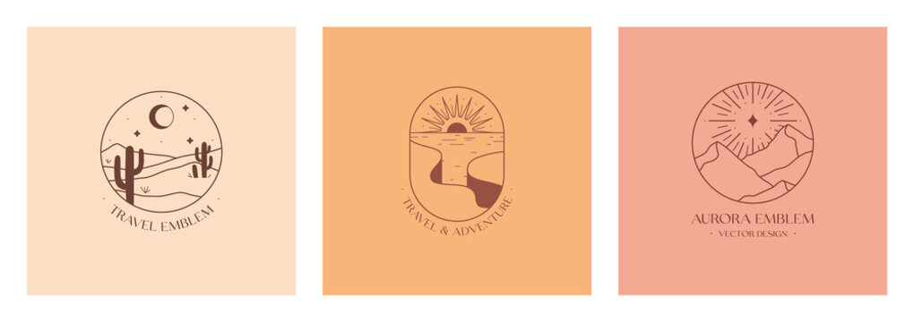 Vector linear boho emblems with rocky mountains, desert landscapes and mountain range.Travel logos with cliffed coast;aurora,sea,sun,desert dunes;cacti,moon,stars.Modern hiking or camping labels.