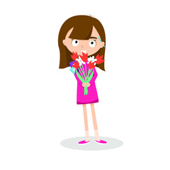 Back to school cute girl with flowers in her hands. Vector illustration