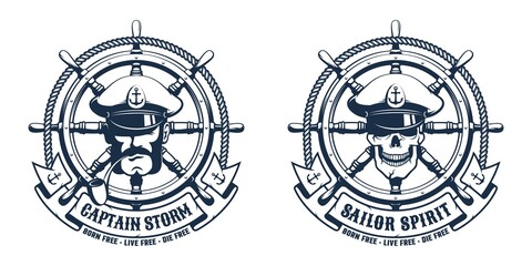 Ship Captain retro logo. Skull with helm and ribbon - vintage seafarer emblem. Vector illustration.
