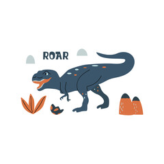 Tyrannosaurus rex dinosaur. Large extinct ancient carnivorous reptile, Jurassic. Roar print. Colorful vector isolated illustration hand drawn. White background. Blue dino