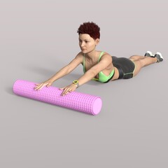 3D Rendering of an isolated sportive girl doing pilates with a foam roll