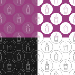 Four view seamless pattern of bottle of liquor in flat style in form of thin lines. In the form of background is circle of color drinks. Wallpaper pattern beverages. Template for restaurant party