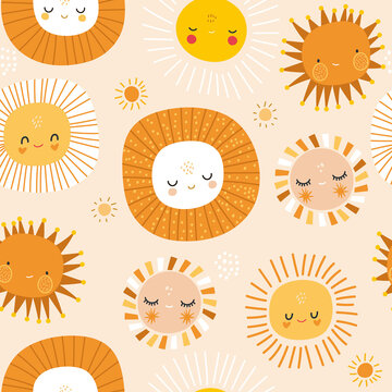 Seamless patterns with funny sun characters. Childish summer background. Perfect for fabric, textile, wallpaper. Vector illustration