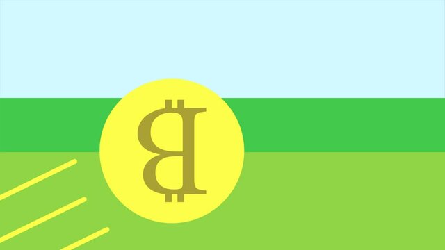 bitcoin coin flying up, cartoon animation