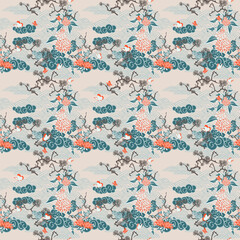 Seamless pattern with nature in Japanese style. - 449046846