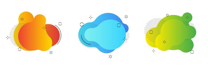 Set of isolated blue and red fluid blobs, gradient green and violet liquid spots. 