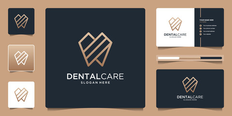 Dentistry clinic logo design with geometric line abstract dental logo and business card - obrazy, fototapety, plakaty