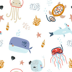 Seamless pattern with cute undersea inhabitants in masks. Creative childish background. Perfect for kids apparel,fabric, textile, nursery decoration,wrapping paper.Vector Illustration