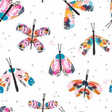 Colourful artistic butterfly pattern in watercolor style. Bright summer hand drawn moth texture. Great for fabric, apparel, wallpaper