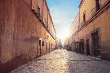 traditional tourist street in the center of Querétaro, historic city, no person, sunny sunrise, colonial architecture