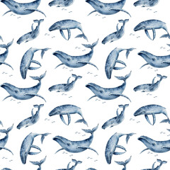 seamless pattern with watercolor illustrations big blue whales. hand painted on white background.