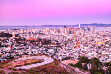 San Francisco Skyline View from Twin Peaks with Vivid Warm Sky Colors, California