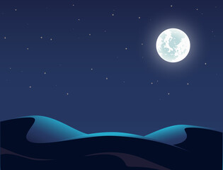 Obraz na płótnie Canvas Night Desert Landscape Illustration, Starry Sky, Full Moon, Dune