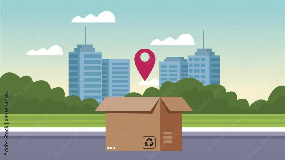 Wall mural logistic service animation with box on the city