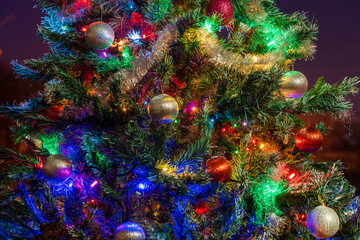 Obraz na płótnie Canvas Green spruce branches with red and silver balls, toys and lights hanging. Christmas tree decorations background. New year concept