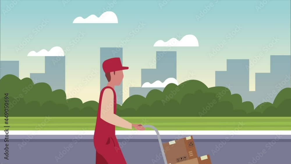 Poster logistic service animation with worker and cart on the city