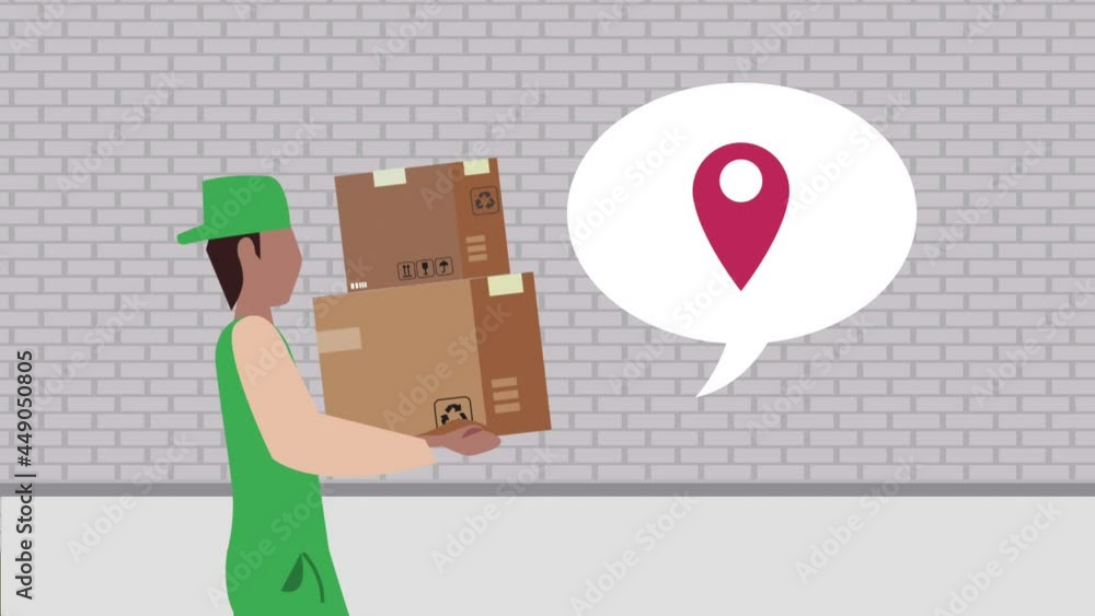 Aufkleber logistic service animation with worker speaking lifting boxes