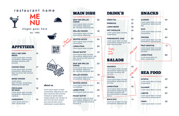 Restaurant cafe menu, template design. Single page food menu template. - obrazy, fototapety, plakaty