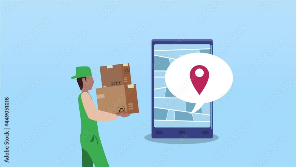 Poster logistic service animation with worker lifting carton boxes and smartphone