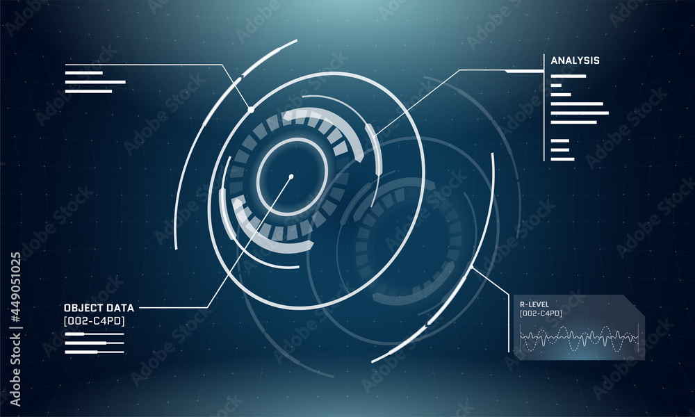 Poster abstract 3d futuristic technology hud circle elements. digital cyberpunk interface screen design. te