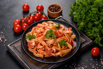 Fettuccine pasta with shrimp, cherry tomatoes, sauce, spices and herbs