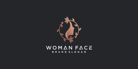 Woman face logo design with unique flower logo design Premium Vector