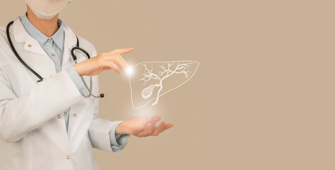 Unrecognizable doctor holding highlighted handrawn Gall Bladder in hands. Medical illustration,...