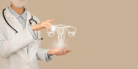 Unrecognizable doctor holding highlighted handrawn Uterus in hands. Medical illustration, template, science mockup.