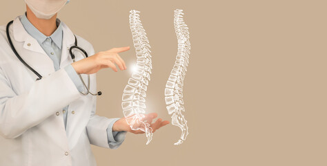 Unrecognizable doctor holding highlighted handrawn Spine in hands. Medical illustration, template,...