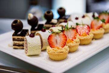 Raw of small cupcakes on a white plate.Buffet.