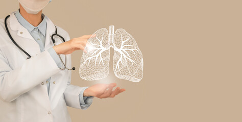 Unrecognizable doctor holding highlighted handrawn Lungs in hands. Medical illustration, template,...
