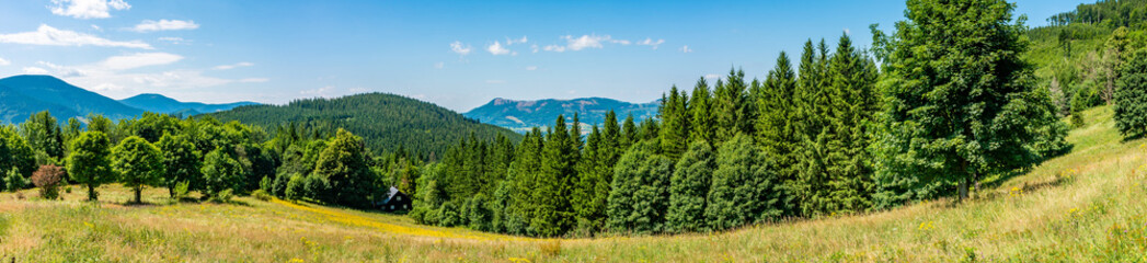 Fototapeta na wymiar Panorama of Moravian-Silesian Beskids in Czech Republic, at the foot of Lysa hora (bald mountain)