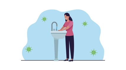 covid19 pandemic particles with woman washing hands - Powered by Adobe