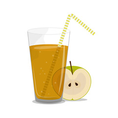 Apple juice in glass with straw. Flat vector illustration isolated on white background.