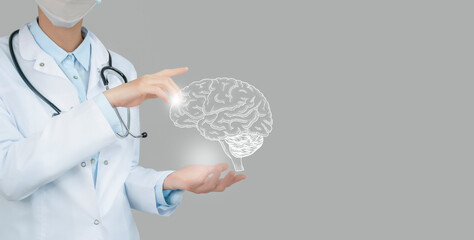 Unrecognizable doctor holding highlighted handrawn Brain in hands. Medical illustration, template,...