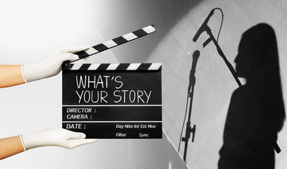what's your story. Text title on film slate. and the silhouette of the presenter or female actor. 